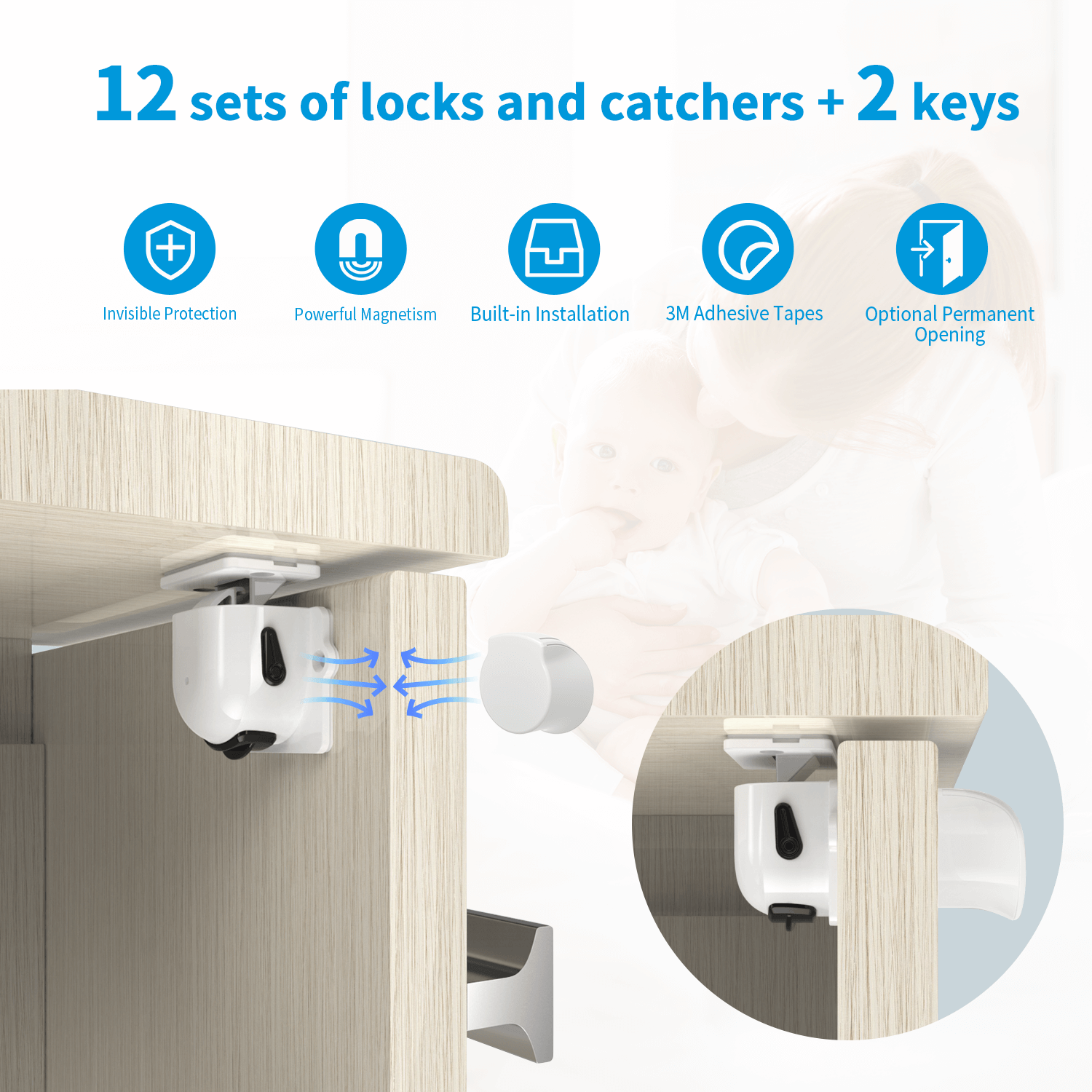 Magnetic Cabinet Locks(12-Packs 2 Keys) by Heart of Tafiti, Baby Proofing  Drawer Lock, Multi-Purpose Cupboard Drawers Latches, Safe & Easy Install,  3M