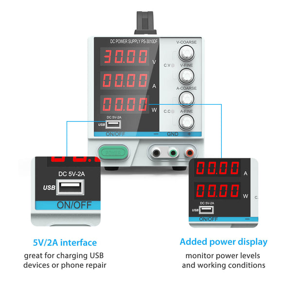 30V/ 10A DC Power Supply, Dr.meter Variable 4-Digital LED Display Power Supply, Multifuncitonal and Switching DC Regulated Power Supply with USB Interface, Alligator Leads US Power Cord for Laboratory 